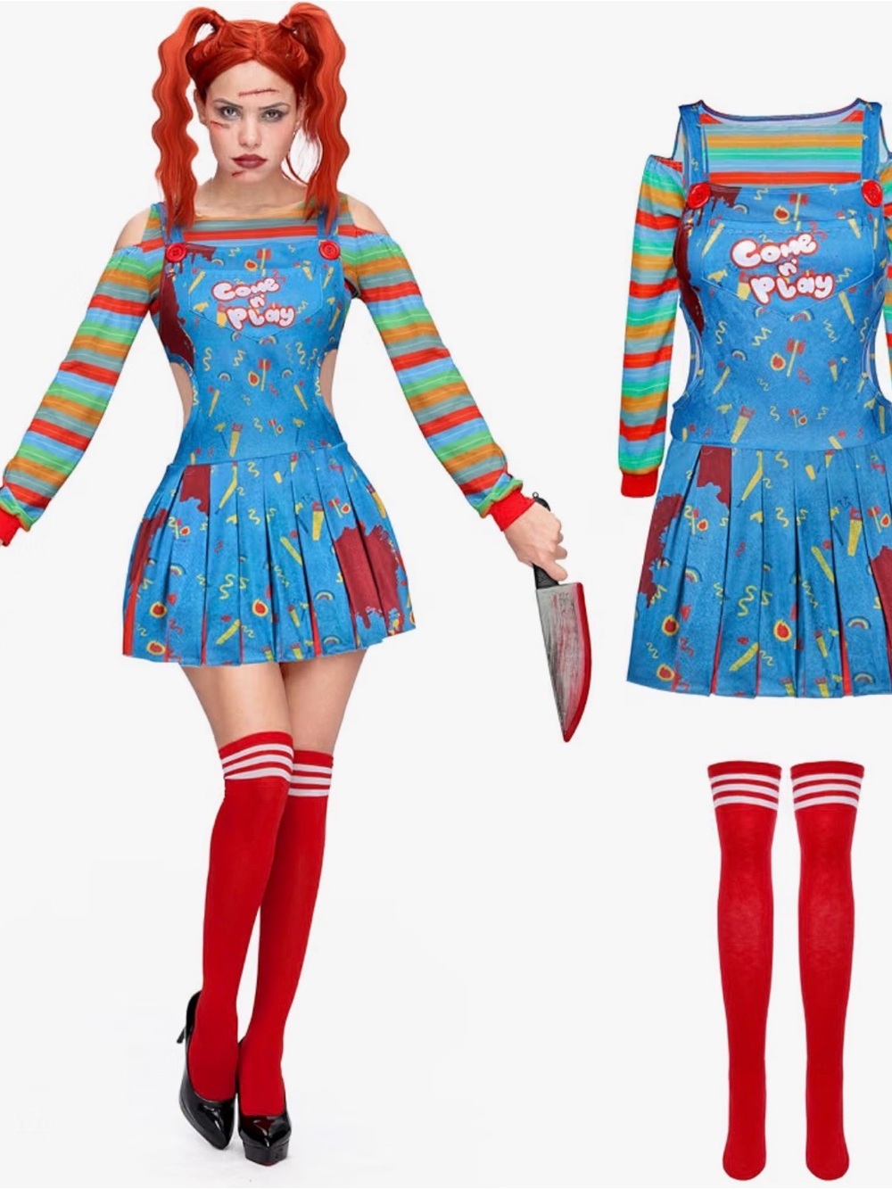 Killer Doll Kids Costume - Blue Suspender Skirt with Red Striped Socks - Size L